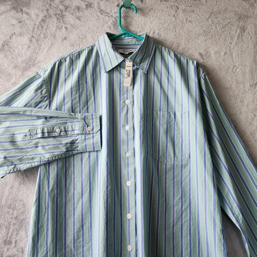 Madewell Easy Shirt Womens Medium Poplin Cotton Button Green Blue Striped NWT
